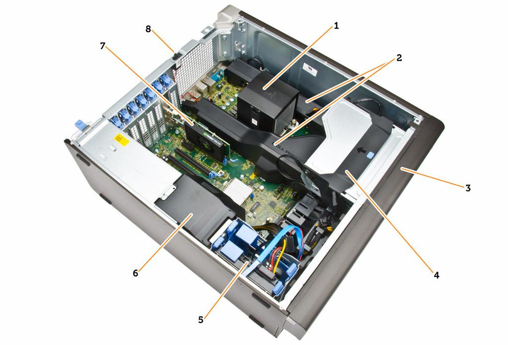 Figura 2. Vista interna do computador T5810 1. dissipador de calor ventilador integrado 2. coberturas da memória 3. tampa frontal 4.