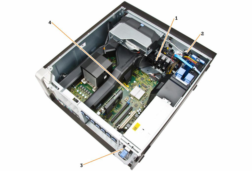 Figura 3. Vista interna do computador T5810 1. retenção da placa PCIe 2. alto-falante interno 3. unidades da fonte de alimentação 4.