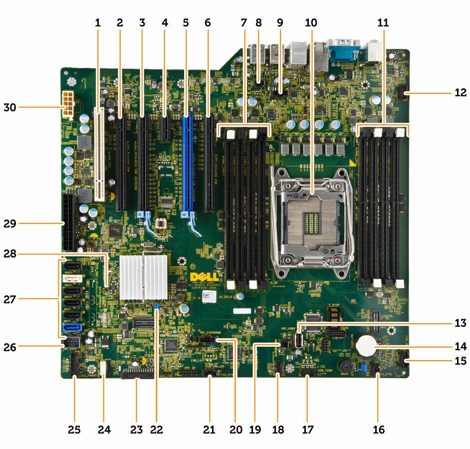 1. slot PCI (slot 6) 2. Slot PCIe x16 (PCIe 2.0 conectado como x4) (slot 5) 3. Slot PCIe 3.0 x16 (slot 4) 4. Slot PCIe 2.0 x1 (slot 3) 5. Slot PCIe 3.0 x16 (slot 2) 6. Slot PCIe x16 (PCIe 3.