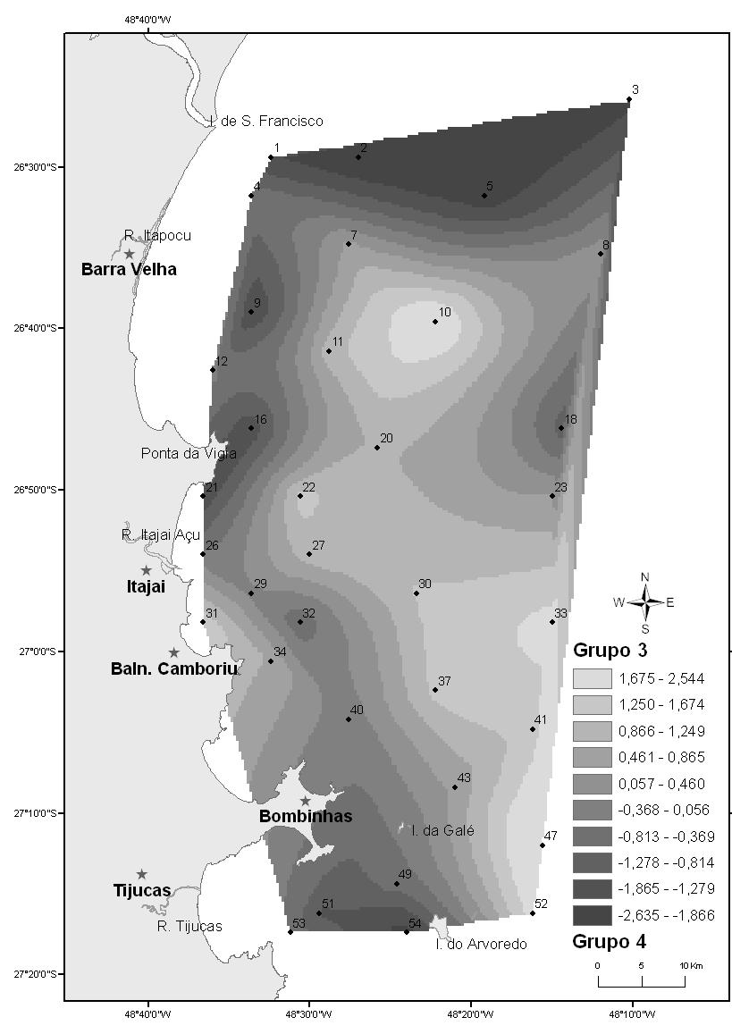 Fig. 4: Mapa de distribuição das cargas do fator 1: maturidade (Grupo 1 augita, hiperstênio e diopsídio e Grupo 2 zircão,