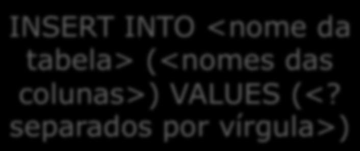 ,?) INSERT INTO Autor (nome) VALUES (?) Parâmetros.