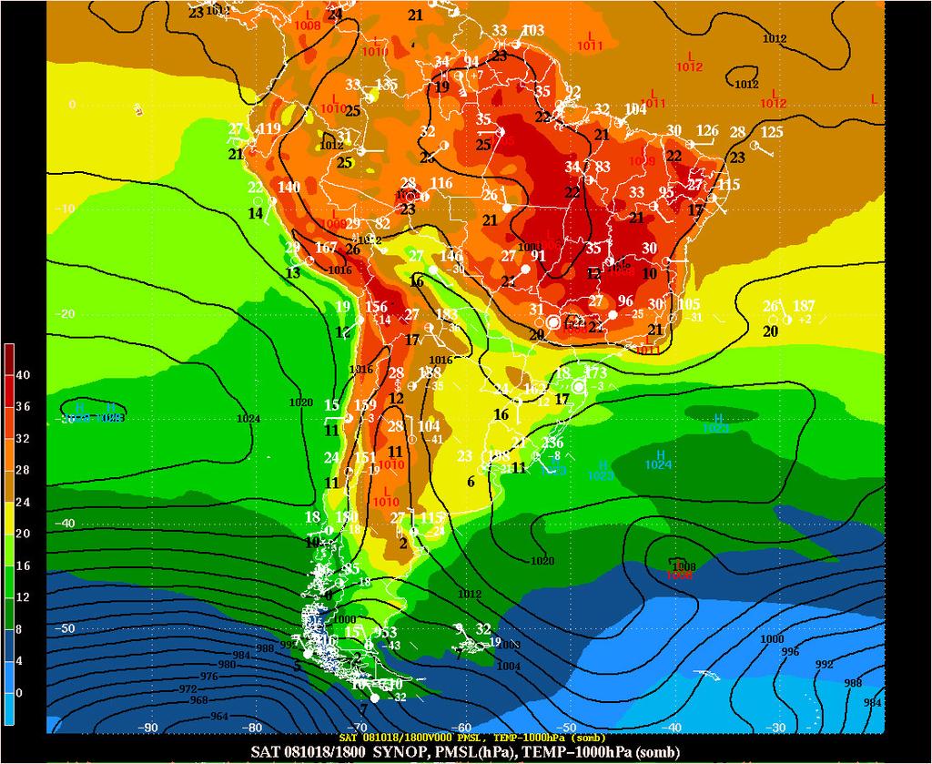 Figura 03 Campo de pressão e de temperatura do ar em 1000 hpa Na figura 04, podemos observar melhor um gradiente no campo de Td sobre o Estado do Tocantins.