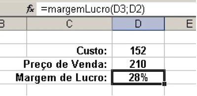 Exemplo de Função Função que calcula a margem de lucro dum produto