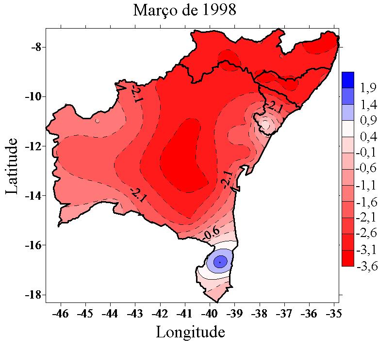 Verifica-se que apenas nos Estados de Alagoas, Sergipe e parte de Pernambuco têm-se anomalias positivas de precipitação.