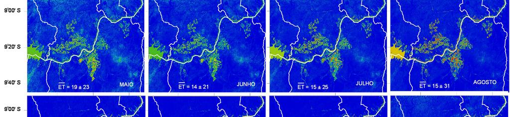 A Figura 3 apresenta a variação espacial dos valores mensais da ET, juntamente com os valores médios e desvios padrões, no ano de 215, na área de expansão da agricultura irrigada, dentro da bacia