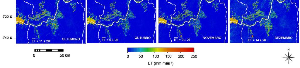 Figura 3 Variação espacial dos totais mensais de evapotranspiração atual (ET) juntamente com os valores médios e desvios padrões, no ano de 215, nas áreas de expansão da agricultura irrigada na bacia