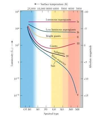 Classes de Luminosidade Ia - supergigantes luminosas Ib - supergigantes menos luminosas II - gigantes brilhantes III -