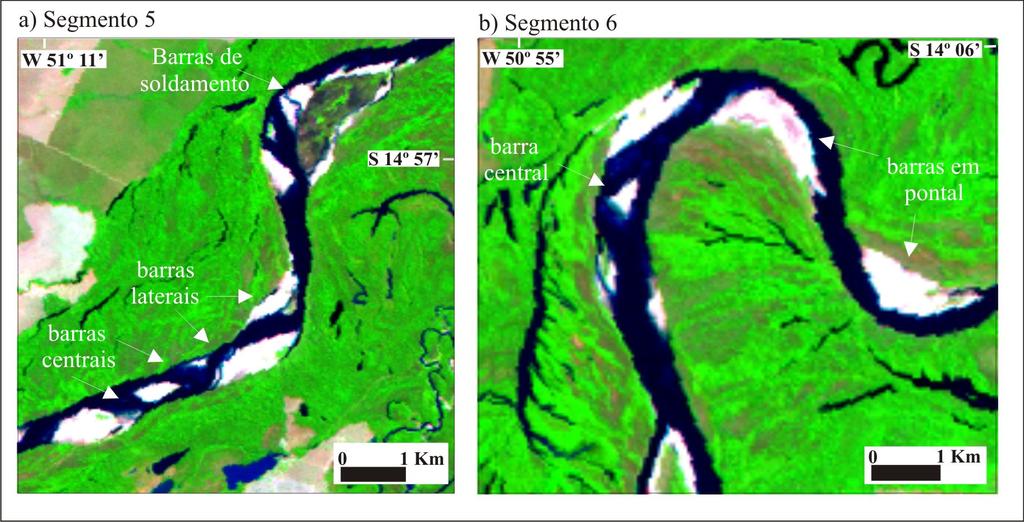 29 Figura 7: Exemplos das quatros tipologias de barras do Médio Rio Araguaia: a) barras laterais,barras de soldamento e barras centrais; b) barras em pontal (Imagem Landsat 5 TM de 1998). 6.