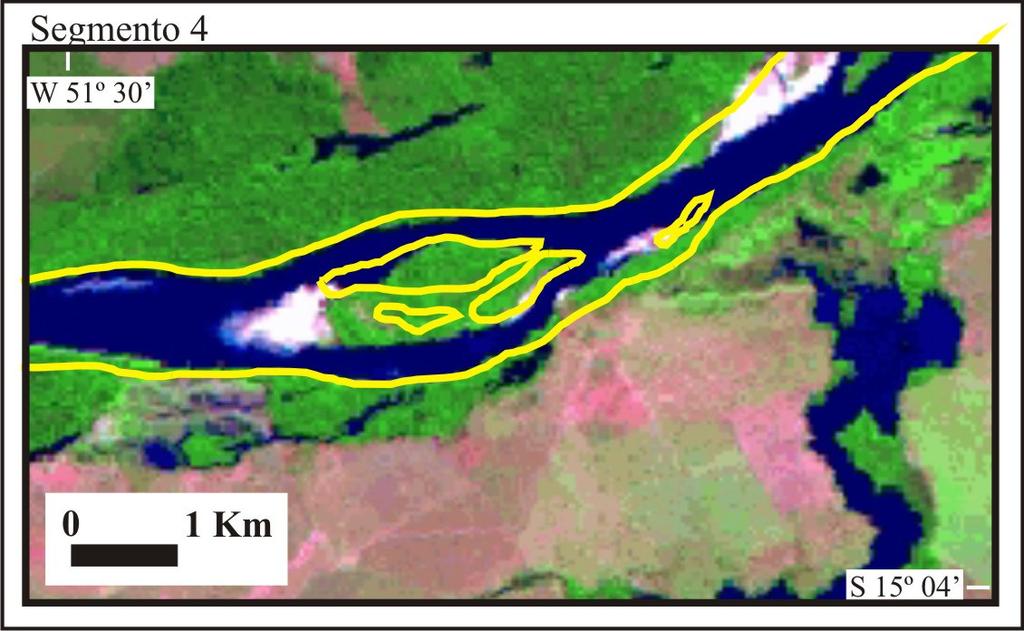 34 Figura 11: Exemplo de ilha nova, cujo núcleo de ilha residual foi envolvido por sedimentos, anexando outras ilhas. A linha amarela indica a posição do canal em 1965 (Imagem Landsat 5 TM de 1998).
