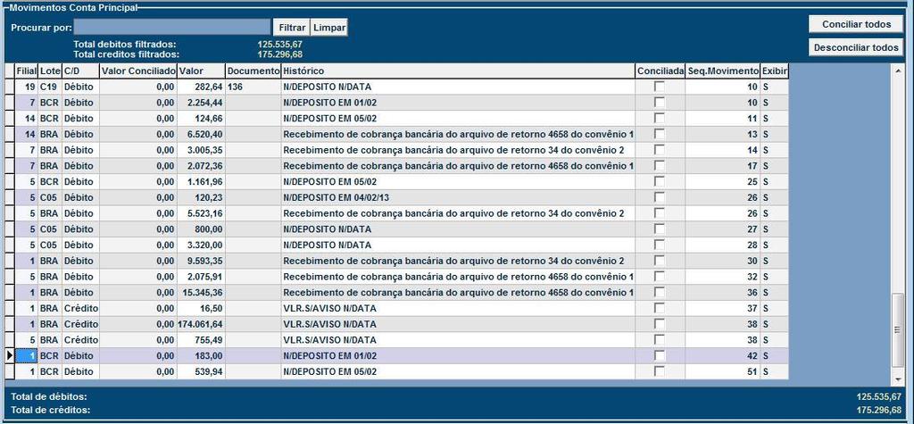 Figura 03. Campo Movimentos Campo Principal. Movimentos Outras Contas O campo Movimentos Outras Contas, possui as mesmas características do Movimentos Conta Principal.