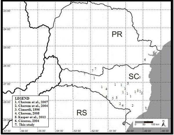 82 S. Bazilio et al. TABLE 1: Documented distribution and new records of Conepatus chinga for the states of Paraná and Santa Catarina, southern Brazil. Source Cherem et al. (2007) Kasper et al.