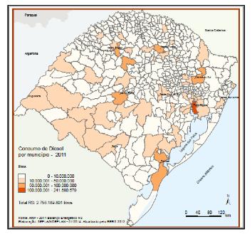 Fonte: Cargninet al (s/a) O mapa acima descreve o consumo de gasolina no Rio Grande do Sul, sabe-se que 60% deste combustível são utilizados em carros de passeios, Porto Alegre e Caxias do sul são as