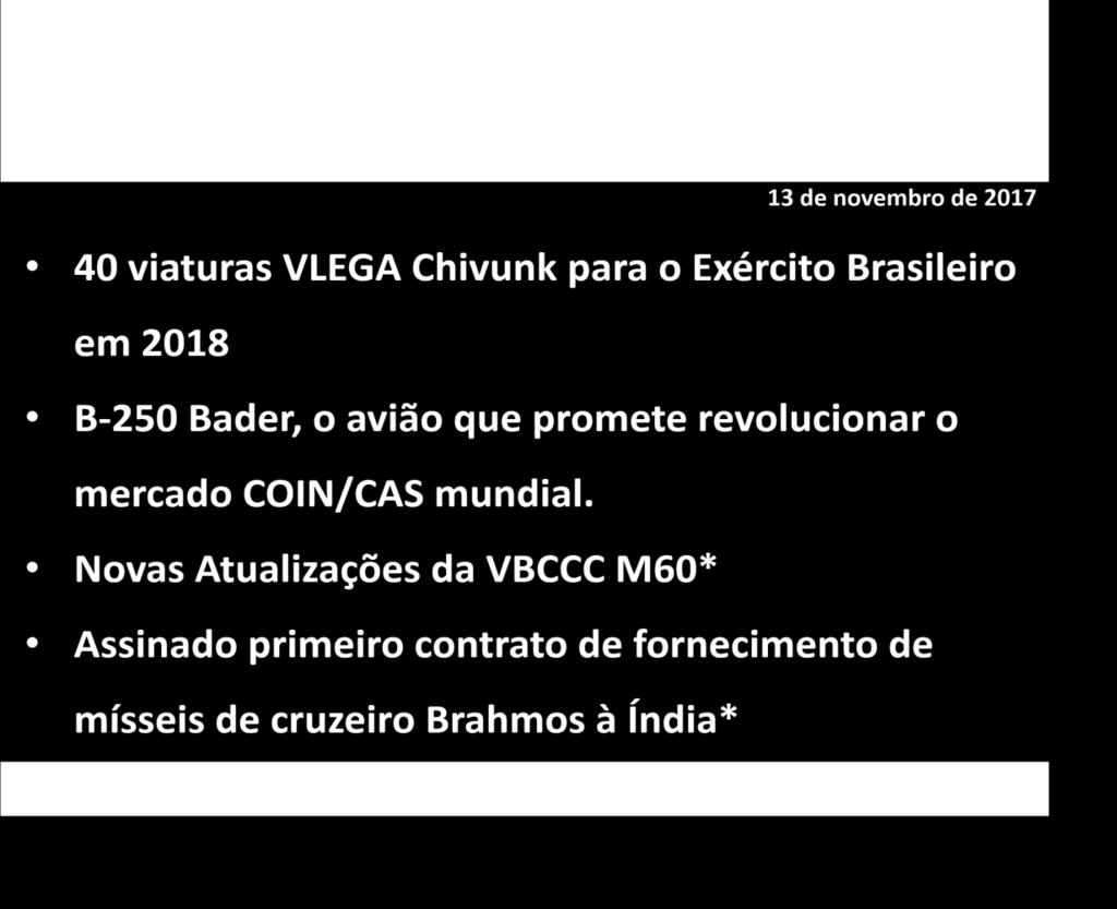40 viaturas VLEGA Chivunk para o Exército Brasileiro em 2018 Por Roberto Caiafa Após a conclusão do período de testes do lote piloto (10 protótipos fabricados por R$ 3,2 milhões/us$ 1,3 milhões) no