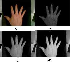 Detecção de Borda Realizada a captura da imagem da palma da mão, a imagem é convertida em nível de cinza no modelo RGB pela equação: R + G + B cinza = 3 após, a mesma imagem foi convertida em nível