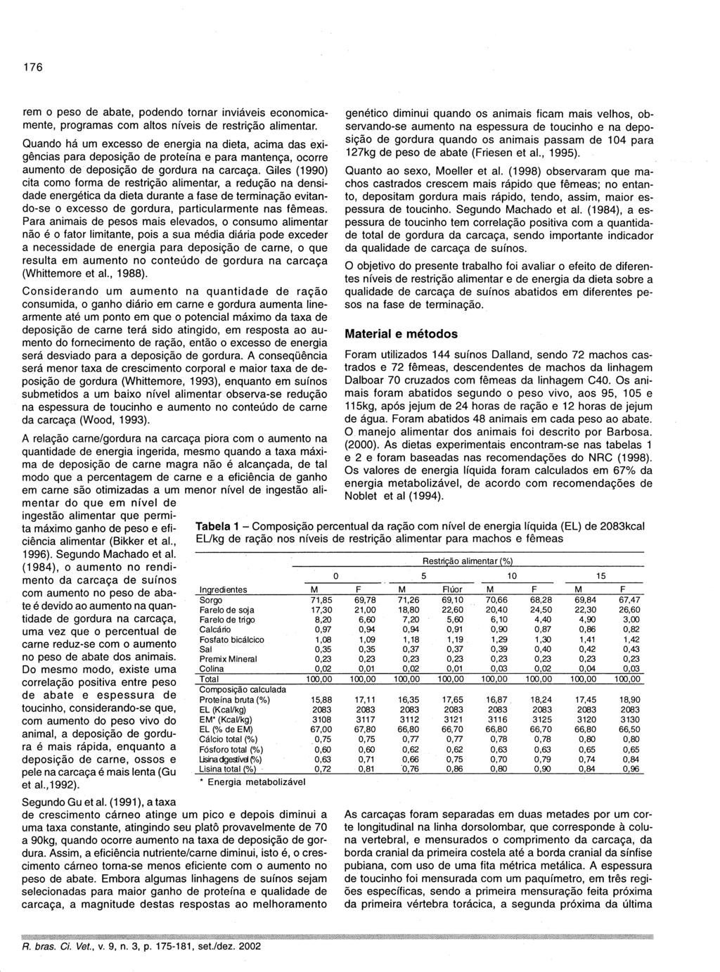 176 rem o peso de abate, podendo tornar inviáveis economicamente, programas com altos níveis de restrição alimentar.