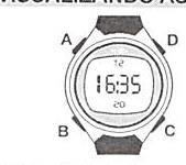 VISUALIZANDO AS FUNÇÕES Botão A: Acende a Luz Eletroluminescente. Botão B: Seleciona os modos, seleciona os dígitos de acerto. Botão C: Coloca os dígitos em modo de acerto e zera o cronógrafo.