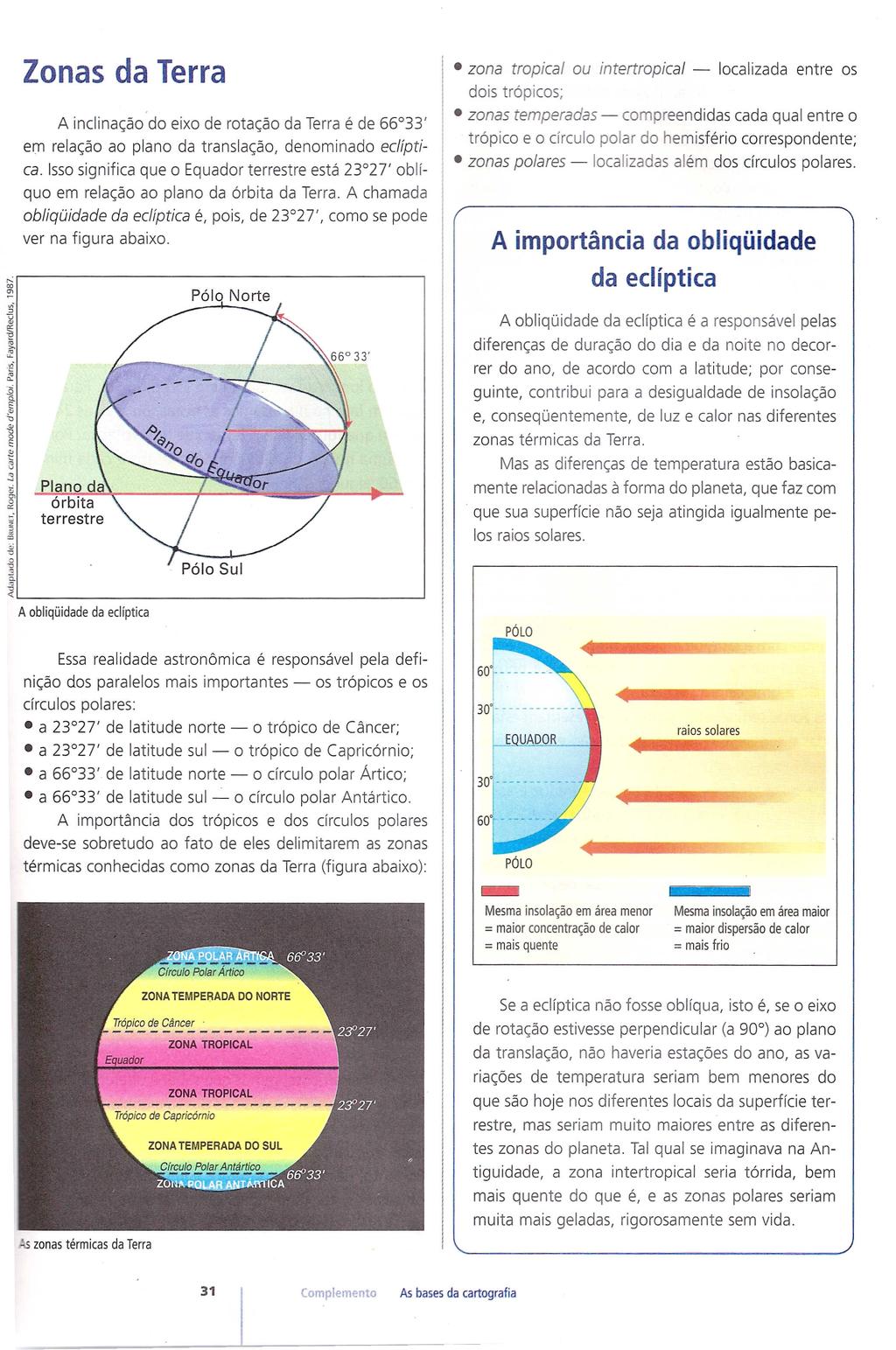 Zonas da Terra A inclinac;ao do eixo de rotac;ao da Terra e de 66 33' em relac;ao ao plano da translac;ao, denominado ecliptica.