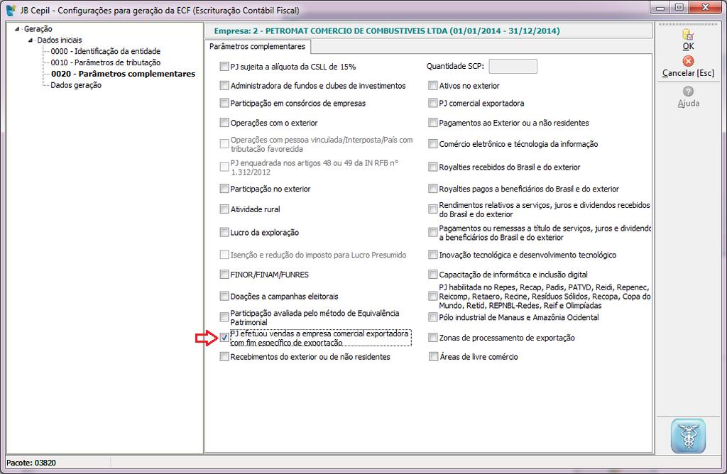 Os valores para este registro serão gerados com base nos valores nas notas fiscais de saídas lançadas nos CFOP s representativos de vendas com fim específico de exportação (X.501 e X.