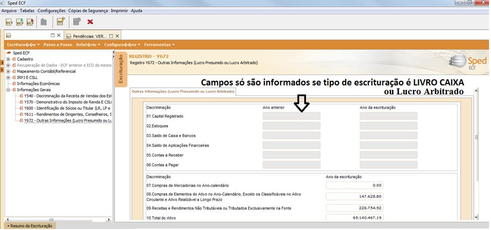 Os campos 20 Regime de apuração das receitas e 21 Método de avaliação do estoque final, serão gerados de acordo com as opções escolhidas na geração do arquivo na aba Dados geração. 11.