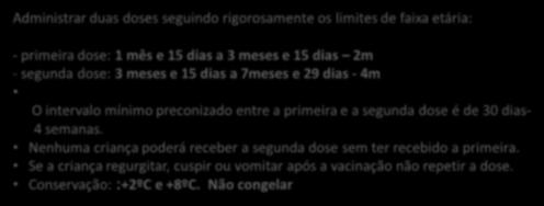 Nenhuma criança poderá receber a segunda dose sem ter recebido a primeira. Se a criança regurgitar, cuspir ou vomitar após a vacinação não repetir a dose. Conservação: :+2ºC e +8ºC.