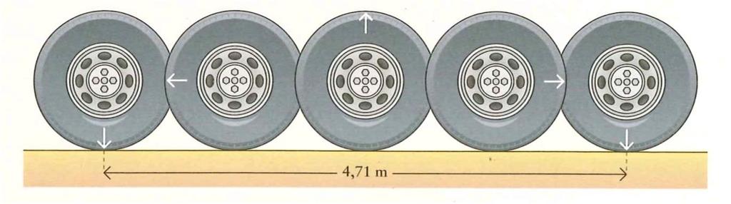 15- Num pneu colocou-se uma marca de tinta branca. Rodou-se o pneu até que a marca ficasse de novo encostada no solo.