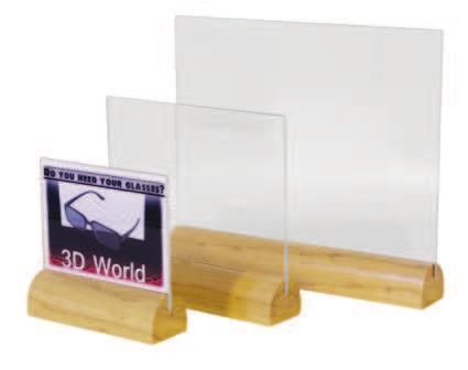 Porte affiche en acrylique transparent, disposant d une base rectangulaire en bois. 45mm 30mm Porta folhetos em acrílico com base de madeira quadrada.