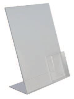 Porta folhetos A4 em forma de L com divisória para folhetos A6 do lado direito. Material: Acrílico transparente. L-Display A4 con cajetín A6 para colocar publicidad. Material: Acrílico. A3 A4 A6 A6 13.