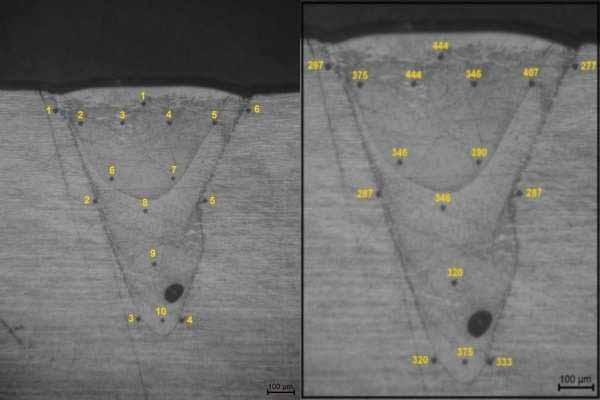 Figura 65- Micrografia das impressões de dureza Vickers no cordão de solda 10 e em sua zona termicamente afetada.