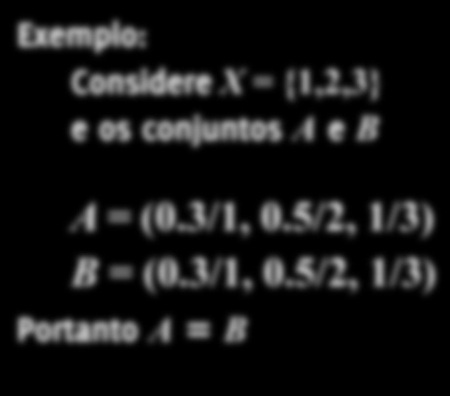 igualdade O conjunto fuzzy A é considerado igual ao conjunto fuzzy B, se e somente se: µ A (x) = µ B (x), x X Exemplo: Considere X