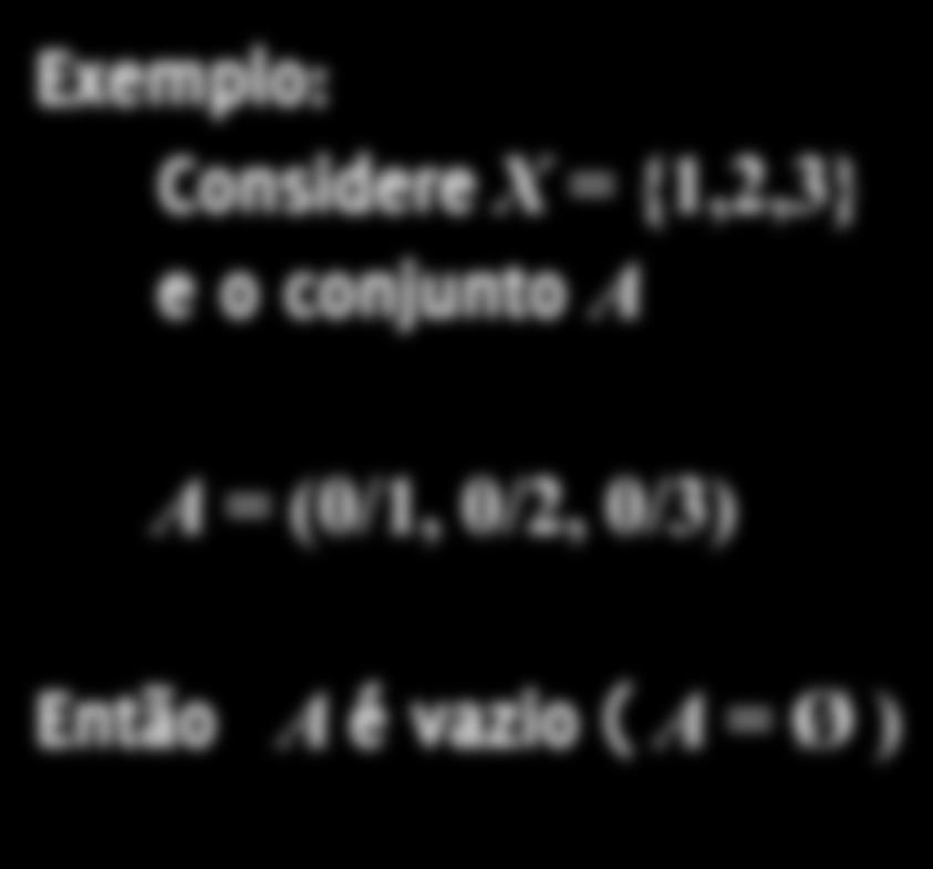 Conjunto fuzzy vazio Um conjunto fuzzy A é vazio se e somente se: µ A (x) = 0, x X Exemplo: Considere X =