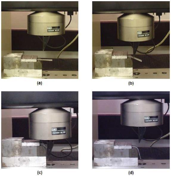 61 Figura 27 - A sequência de deformação do processo de dobra: (a) chapa não deformada, (b) dobra intermediária, (c) dobra final e (d) retorno elástico Esses processos foram realizados na máquina de