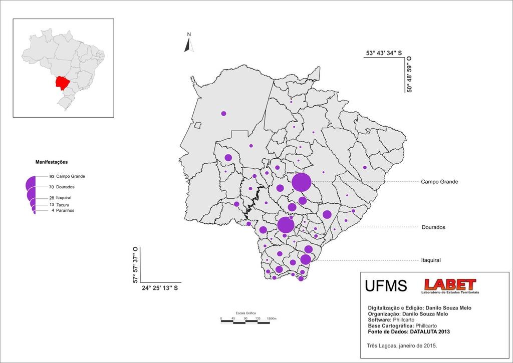 16 Mapa 6 Mato Grosso do Sul: geografia de manifestações 2013. Fonte: DATALUTA - Banco de Dados da Luta pela Terra/LABET, 2014.