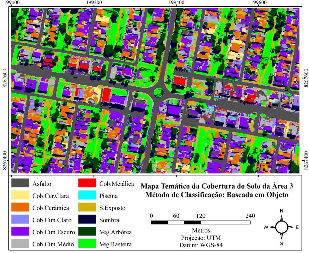 Figura 34 - Mapa temático resultante da classificação baseada em objeto para a área-teste 3 Tabela 15 - Matriz de confusão da classificação baseada em objeto para a área-teste 3 Referência (Verdade)