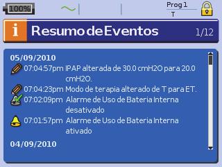 Menu Info Resumo de Eventos Horas de Uso O resumo de eventos apresenta o resumo de três tipos de eventos: alterações das definições, alarmes e eventos do sistema (por