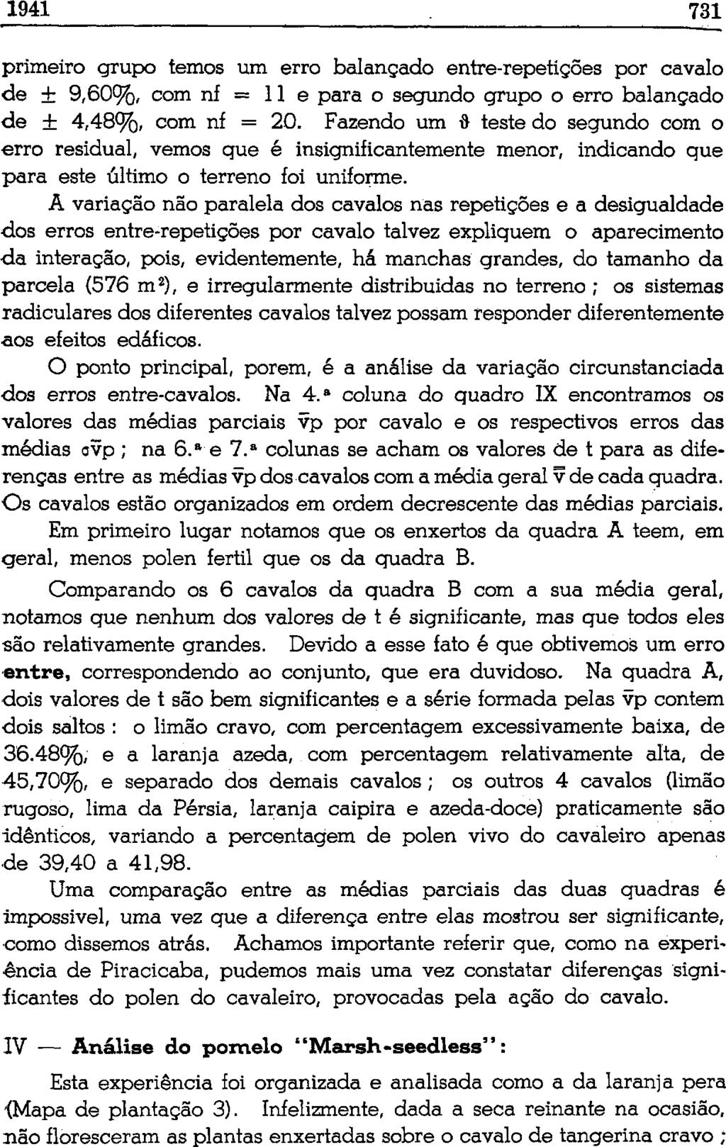 1941 731 primeiro grupo temos um erro balançado entre-repetições por cavalo de ± 9,60%, com nf = 11 e para o segundo grupo o erro balançado de ± 4,48%, com nf = 20.