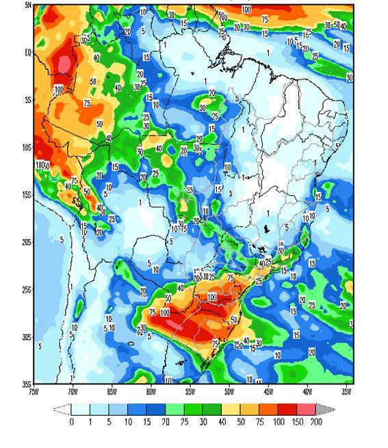 Figura 1 - Precipitação acumulada prevista pelo modelo ETA (CPTEC/INPE) para o período de 14 a 20/10/2017 Nas bacias dos rios Paranapanema, Grande, Paranaíba e Iguaçu, e parte das bacias dos rios São