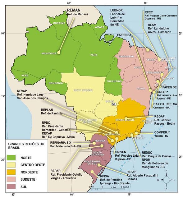 Localização das Refinarias e Fábricas/Unidades de Fertilizantes da Petrobras no Brasil No mapa, ainda se vê a Refinaria de Petróleo de Manguinhos, que está em processo de