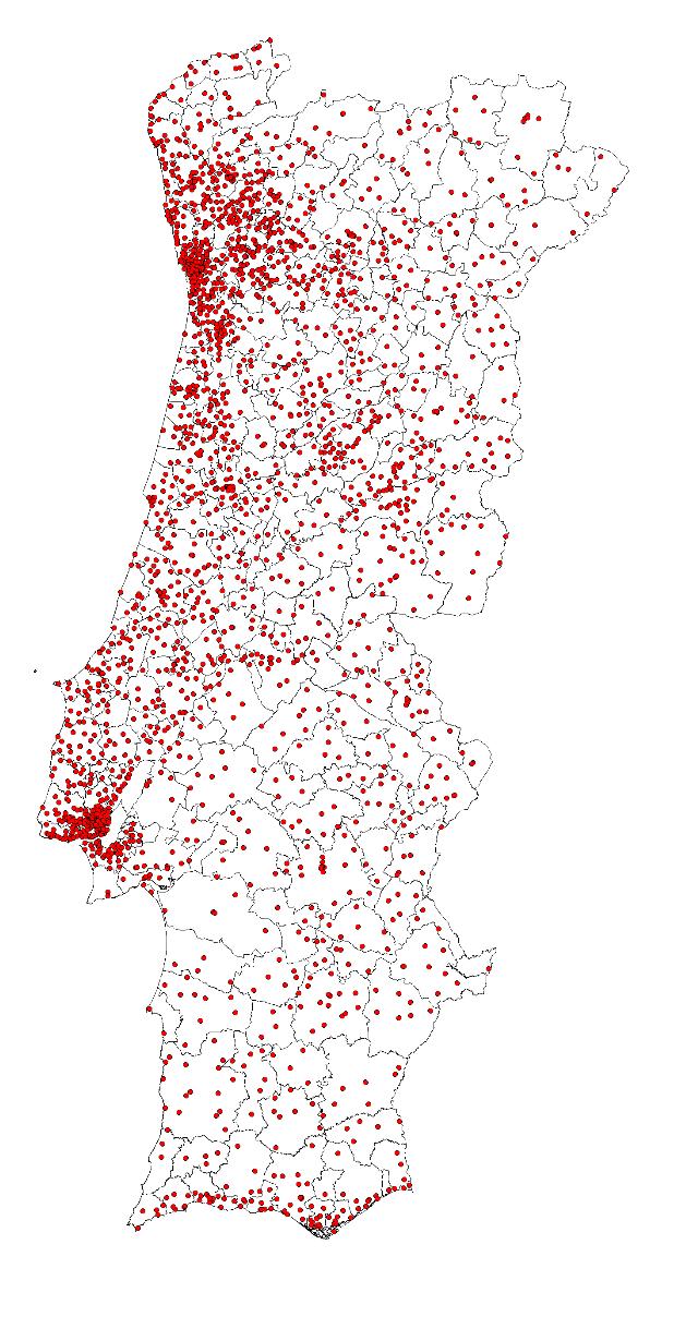 Figura 2. Localização geográfica dos estabelecimentos postais, no final do ano de 2014 Fonte: Dados CTT.