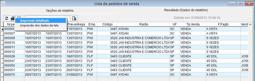 Imprimindo lista de pedidos de vendas