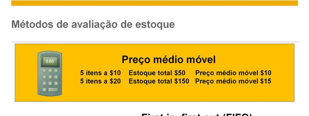 Primeiro, veremos o método Preço médio móvel. Quando você utiliza esse método, o sistema calcula o preço médio móvel dividindo o valor total das mercadorias pela quantidade em estoque.