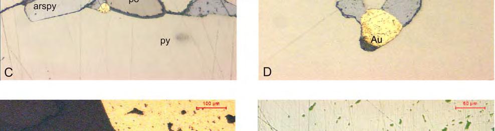 associação polimetálica em fraturas na pirita grossa (MC-3); D - ouro