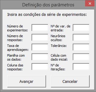 Capítulo 4 Metodologia Figura 4.4 - Formulário desenvolvido em VBA que funciona como interface entre o usuário e o algoritmo de treinamento de redes neurais.