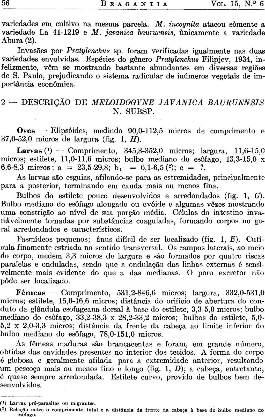 B R A G A N T I A VOL. 15, N. 6 variedades em cultivo na mesma parcela. M. incógnita atacou somente a variedade La 41-1219 e M. javanica bauruensis, unicamente a variedade Abura (2).