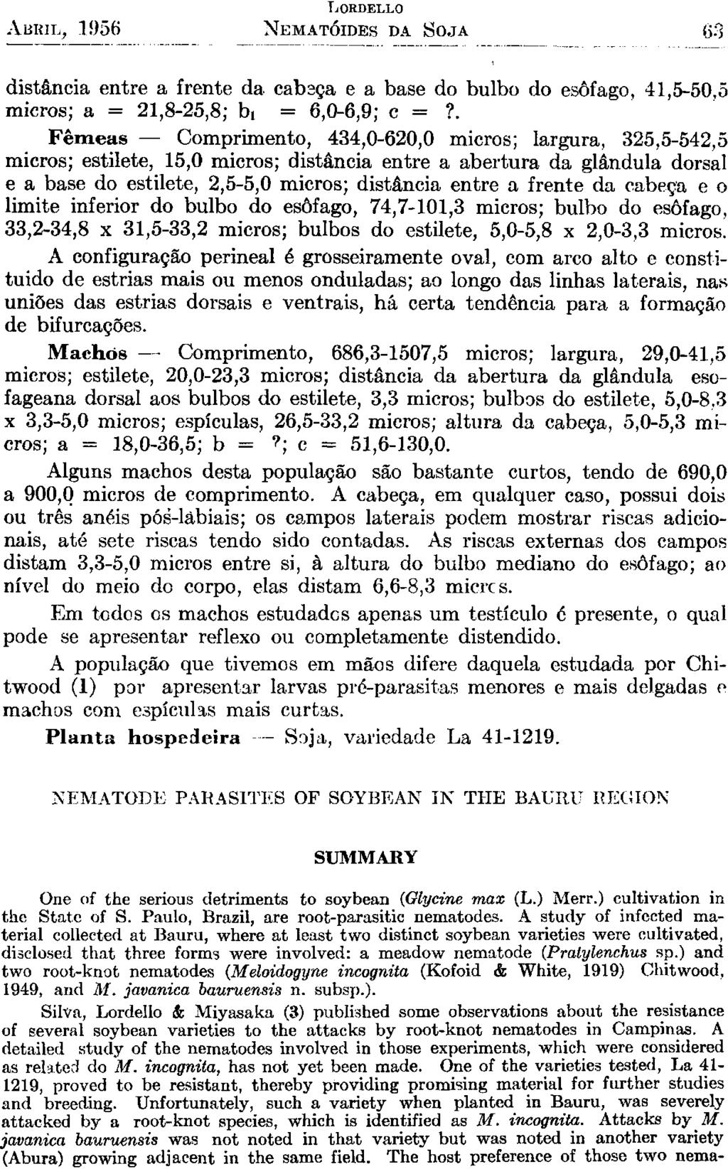 NEMATODE PARASITES OF SOYBEAN IN THE BAURU REGION SUMMARY One of the serious detriments to soybean (Glycine max (L.) Merr.) cultivation in the State of S. Paulo, Brazil, are root-parasitic nematodes.