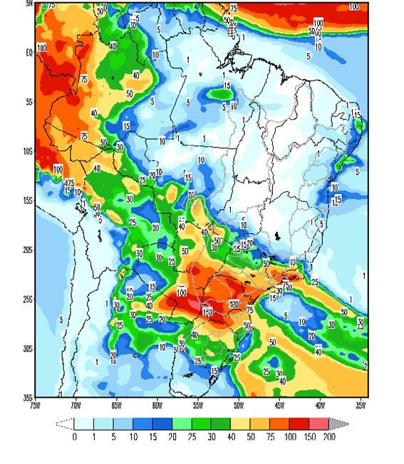 Figura 1 - Precipitação acumulada prevista pelo modelo ETA (CPTEC/INPE) para o período de 21 a 27/10/2017 Nas bacias dos rios Paranapanema, Grande, Paranaíba e Iguaçu, e parte das bacias dos rios São