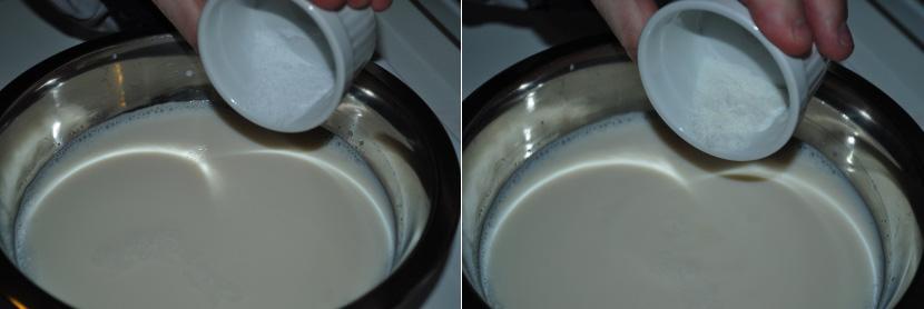 Em uma panela, adicione o leite, o sal e o açúcar.