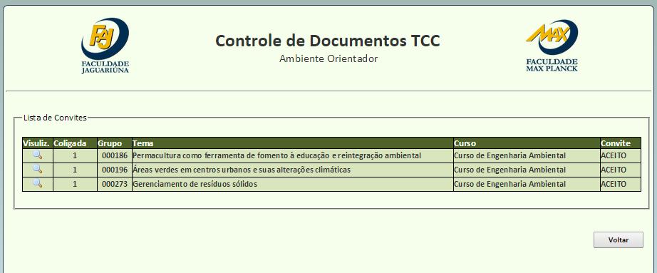 5) Note que após aceitar o convite, aparecerá o status Aceito na tabela de grupos que o indicaram como orientador.