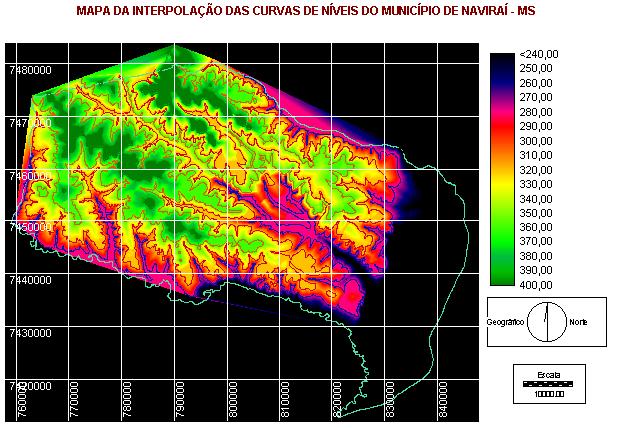 10 MAPA DA INTERPOLAÇÃO DAS CURVAS DE NÍVEL Quadro 1 Classes de declive e respectivas áreas no Município de Naviraí-MS. Declividade (%) Área total (km 2 ) Porcentagem da área total (%) 0 3 2.