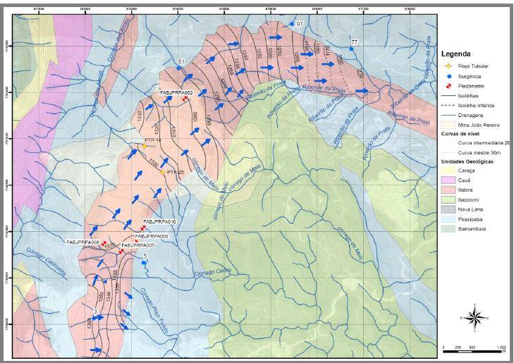 Mina Área IX Figrura 2 Mapa Potenciométrico do Sistema aquífero Cauê com o fluxo da água subterrânea.