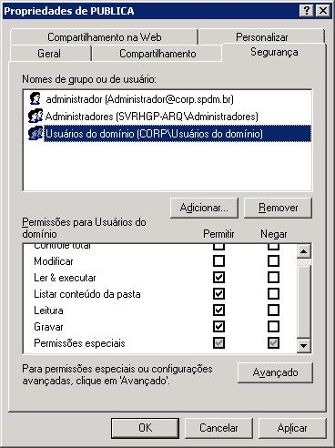 Pasta Publica Todos os usuários autenticados da unidade terão acesso a pasta PUBLICA, através do grupo de segurança - Global usuários do domínio.